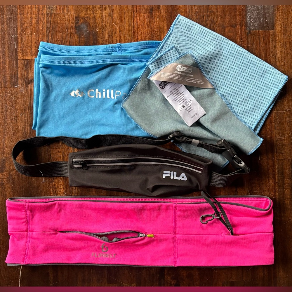 Running Belts (2) and Cooling Towels (2) - FlipBelt, ChillPal, Fila, Coolcore